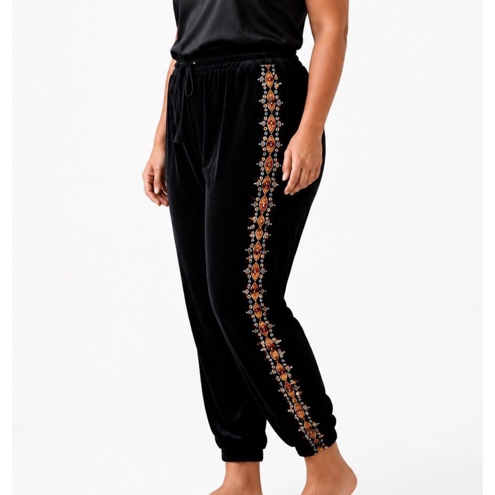 Johnny Was Jade Velvet Silk Blend Black Floral Embroidered Jogger Pants XL Boho